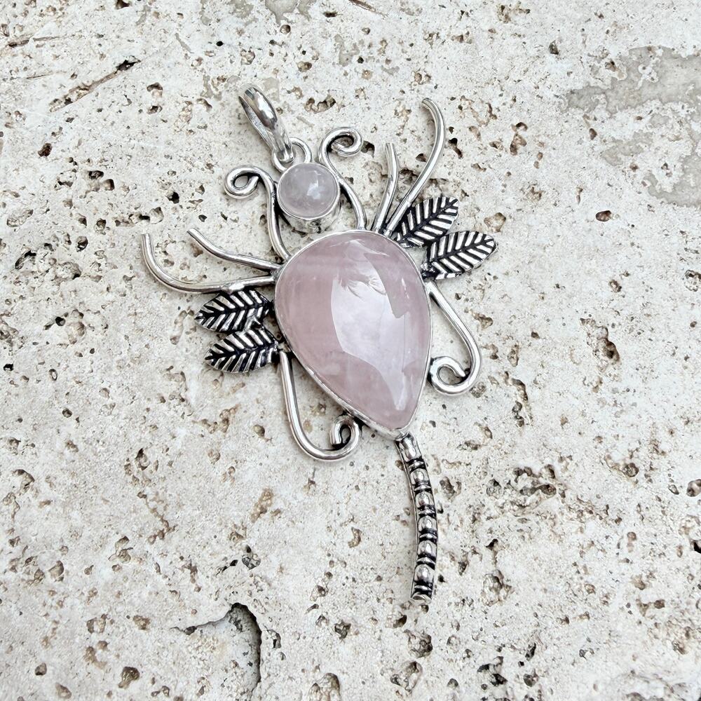 Rose Quartz Butterfly Pendant 925 Silver Overlay